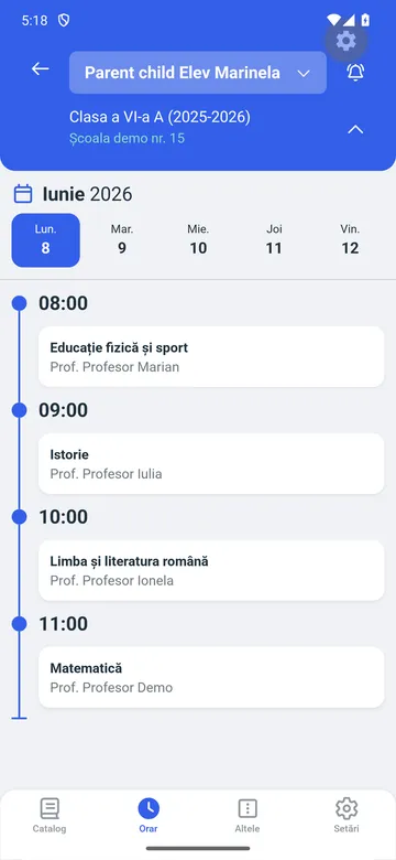 Orarul copilului în aplicația pentru părinți