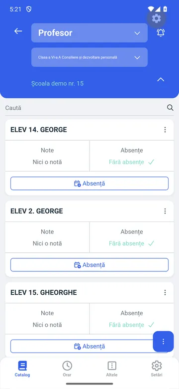 Catalogul clasei în aplicația profesorului